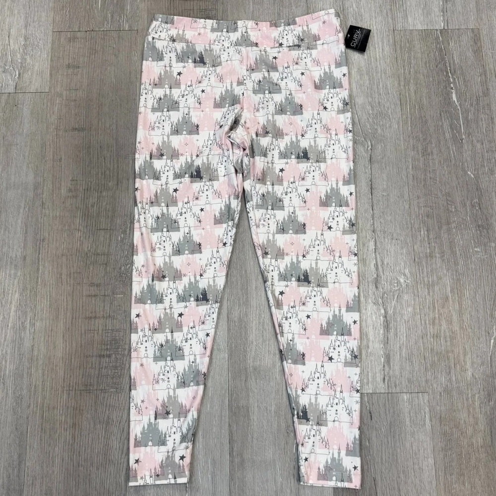 Disney Parks Grey & Light Pink Fantasyland Castle Print Leggings - Size Large